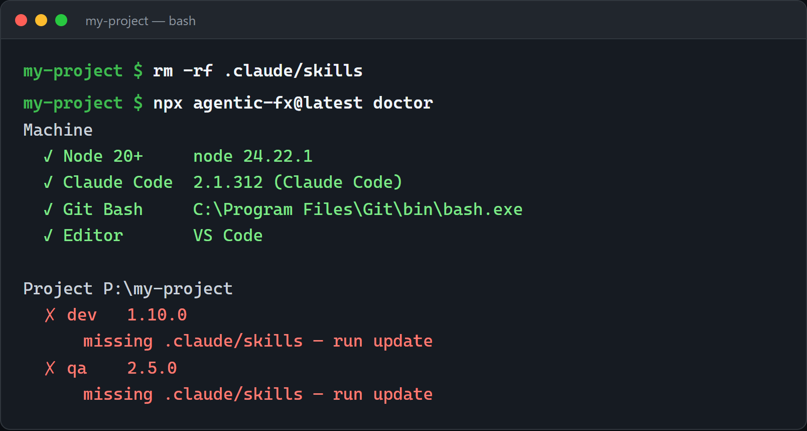 doctor after the delete: dev 1.10.0 and qa 2.5.0 both marked missing .claude/skills, run update
