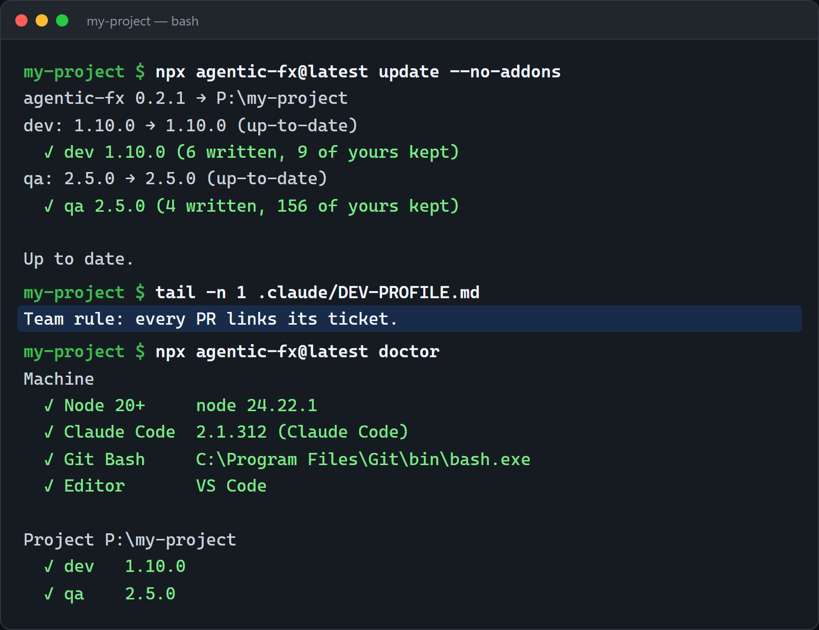 update restores both bundles, tail shows the profile line still in place, doctor marks dev and qa green