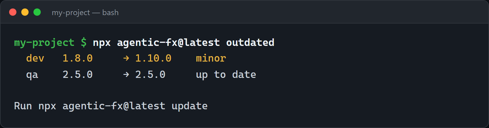 outdated: dev 1.8.0 to 1.10.0, minor; qa 2.5.0 up to date