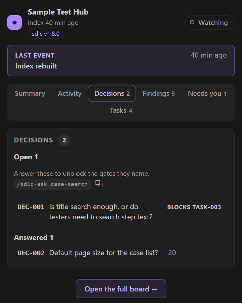 The Decisions tab for case-search: DEC-001, title search or step text, open and blocking TASK-003; DEC-002, the default page size, answered 20