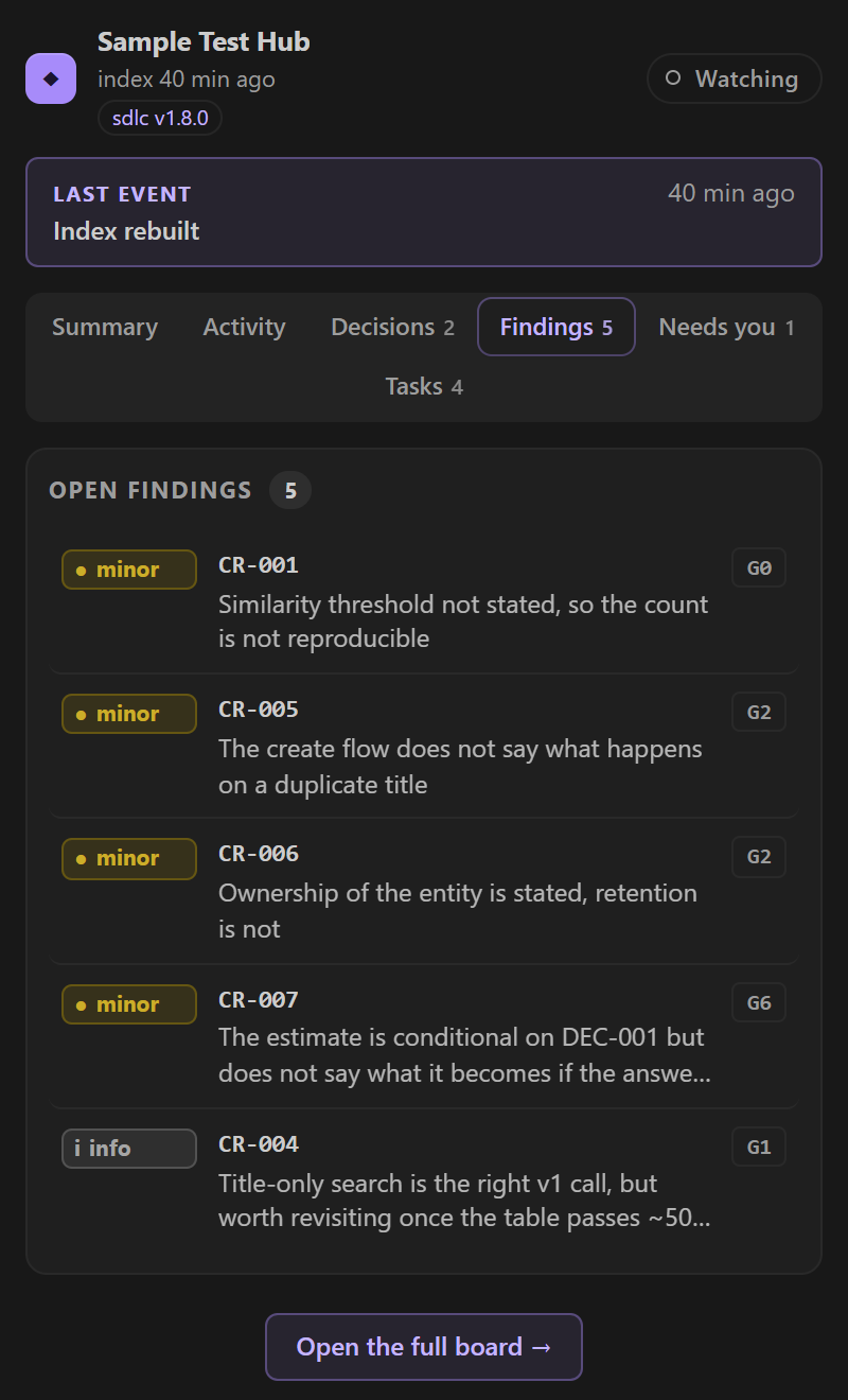 The Findings tab for case-search: four minor findings and one info finding, CR-001 to CR-007, each with the problem and the gate that raised it