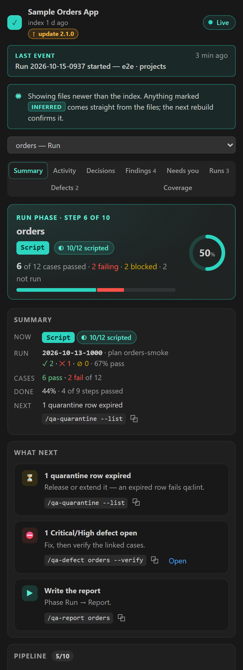 The stlc sidebar for orders checkout: the summary, and the next actions, each with its command to copy