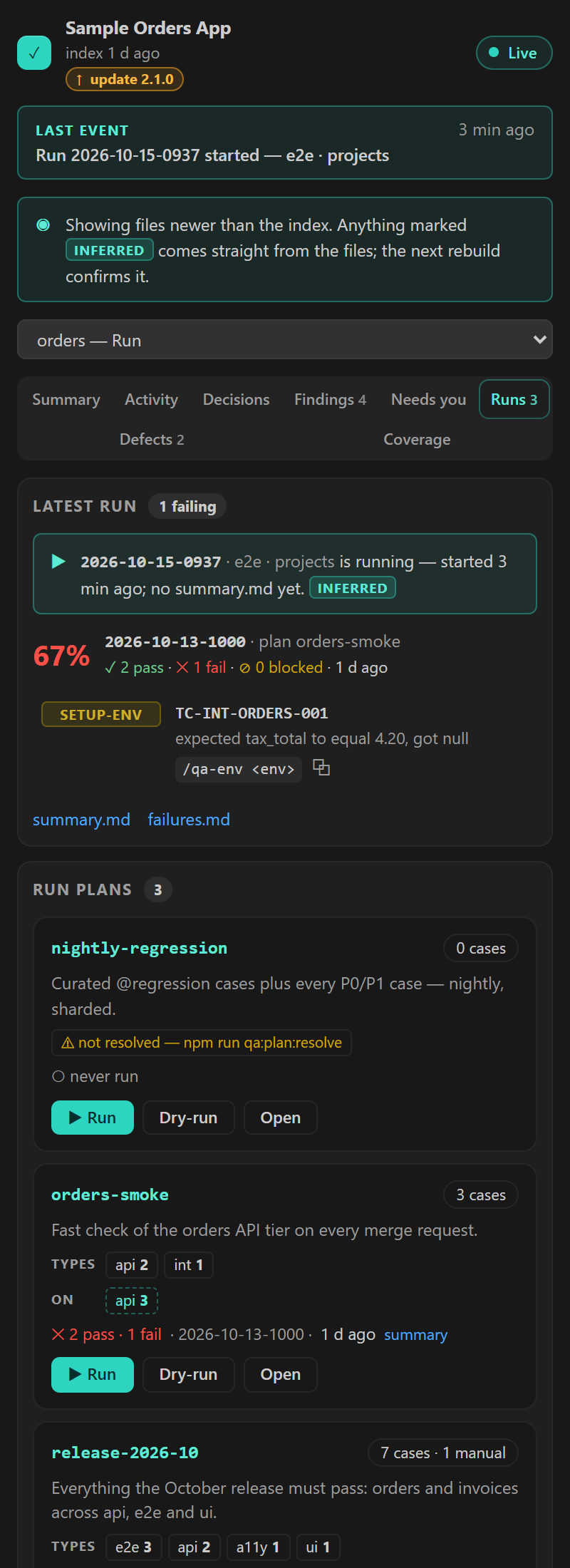 The latest run on the stlc board: a sample orders run at 67 % with one failure classified SETUP-ENV, the expected and actual values, and the command that class leads to