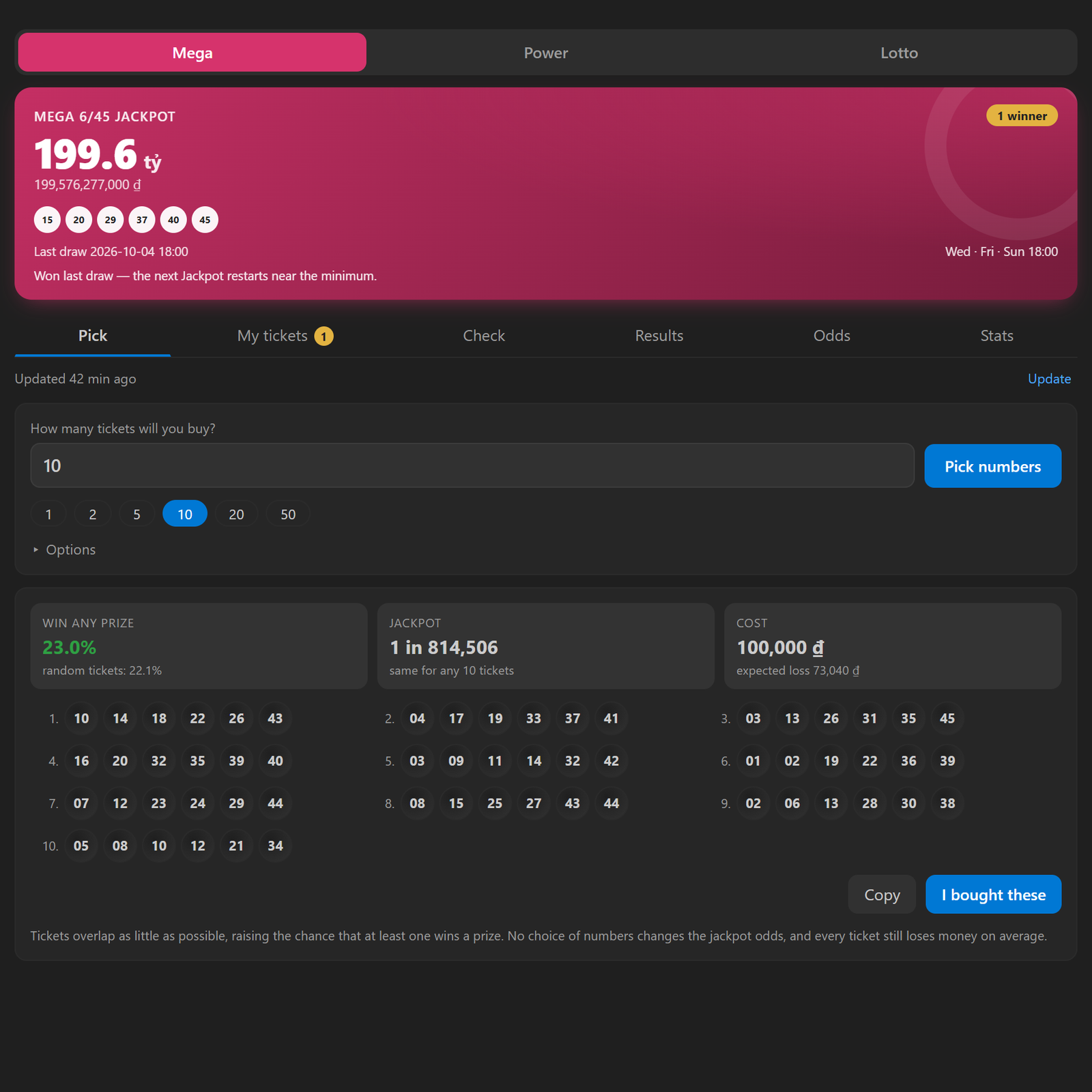The Pick tab in VS Code: ten Mega tickets, 23.0% to win any prize, jackpot odds of 1 in 814,506 for any ten, and the expected loss
