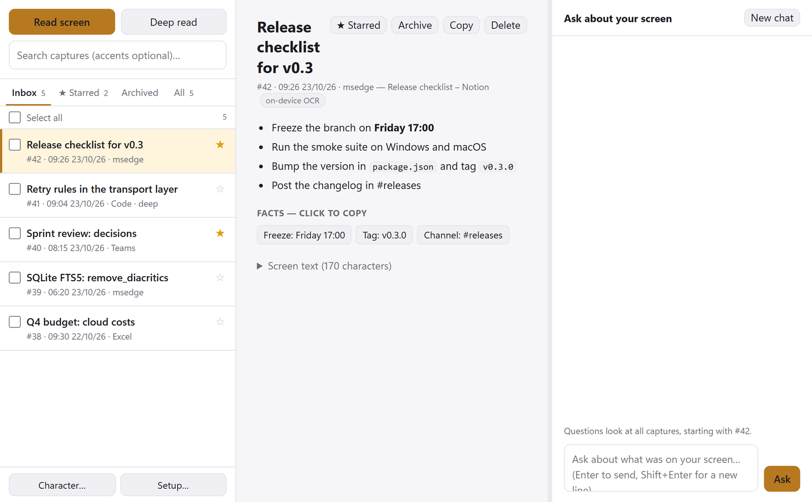 The captures window with sample data: an inbox of five captures, the Release checklist for v0.3 open with four summary bullets and three copyable facts, and the chat pane