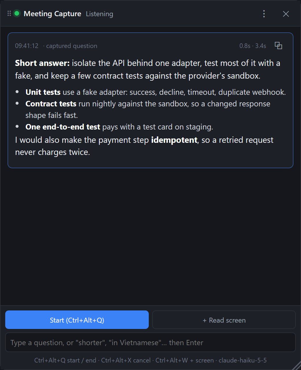An answer card: a short answer, then bullets on unit tests with a fake adapter, nightly contract tests and one end-to-end test; 0.8 s to first words