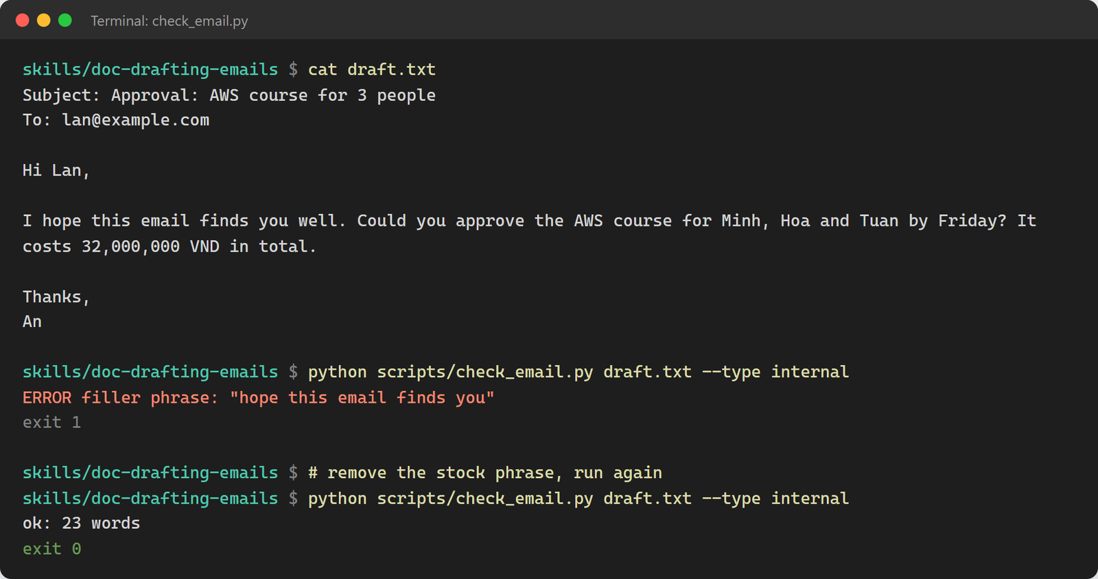check_email.py failing a draft on the filler phrase "hope this email finds you", then passing once the phrase is removed