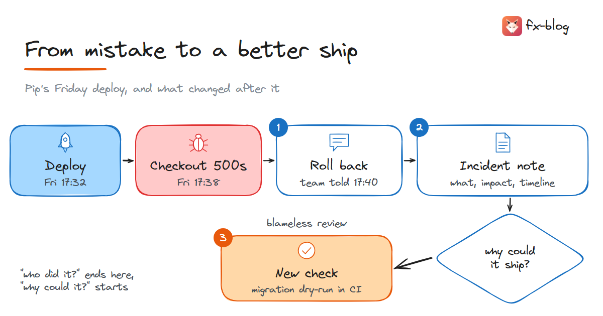 An incident from Pip's deploy: she rolls back and tells the team, writes an incident note, and the blameless review asks why the system let it ship and adds a CI check